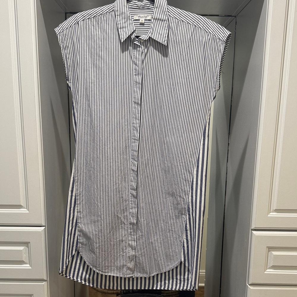 Madewell Blue and White Vertical Stripe Sleeveless Button-Down Shirt Dress